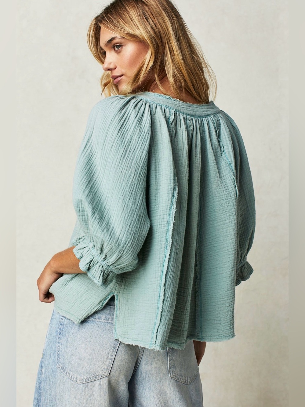 We The Free Lucy Solid Gauze 100% Cotton Button-Down Swing Top Blue Surf Size M - Picture 3 of 9
